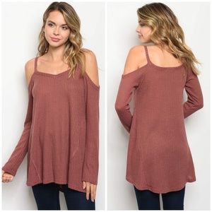 Mauve Cold Shoulder Long Sleeve Ribbbed Top